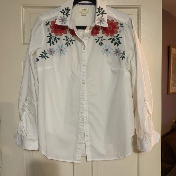 Maeve Anthropologie Embroidered Floral Button Front Shirt  Size 14 100% Cotton - Picture 2 of 7